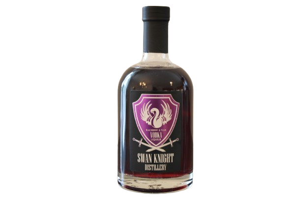 A bottle of Swan Knight Distillery Blackberry and Plum Vodka Liqueur.