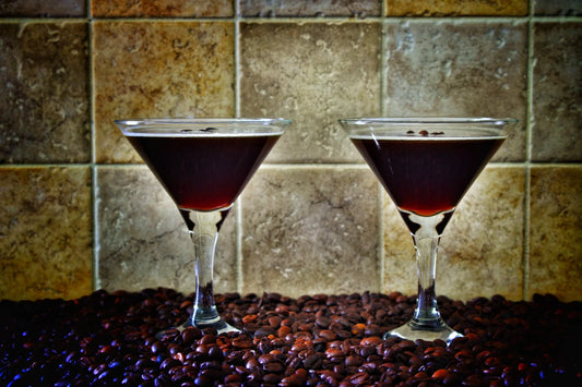 Espresso Martini rum cocktails made with Swan Knight Distillery golden spiced rum, in 2 martini glasses