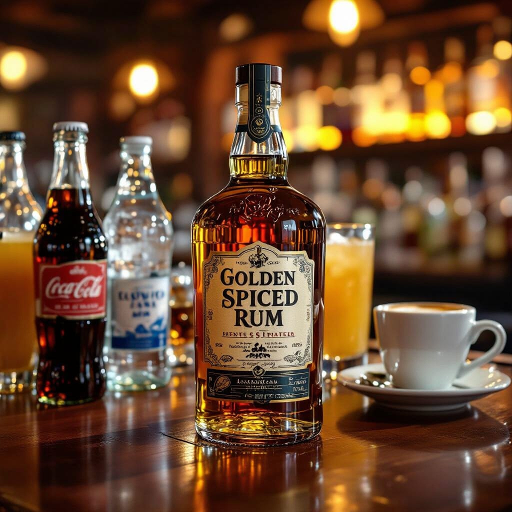 Spiced rum with a selection of mixers on a bar top. Created by creator.nightcafe.studio