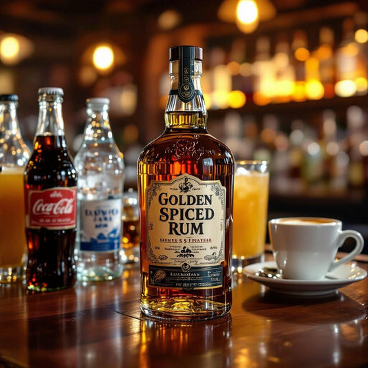 Spiced rum with a selection of mixers on a bar top. Created by creator.nightcafe.studio