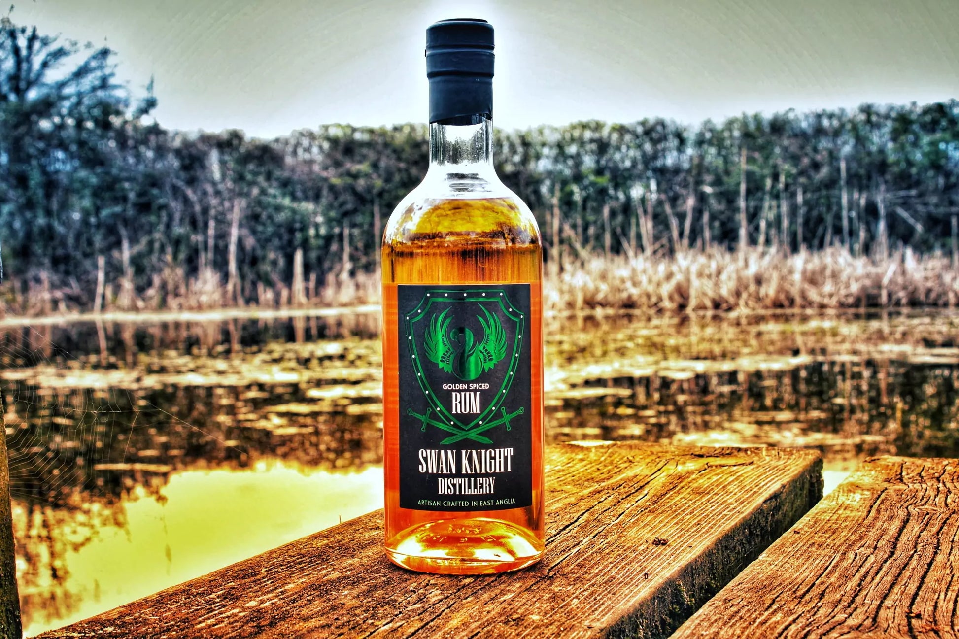 Bottle of Swan Knight Distillery golden spiced rum near Biddenham Pond