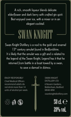 Swan Knight Distillery Elderflower and Dark Berry Gin liqueur 20% ABV 50cl rear label