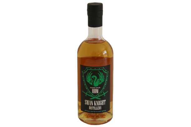 A bottle of rum with amber liquid, a black cap, and a black label featuring a green shield logo and the text 'Swan Knight Distillery' and 'Rum'.