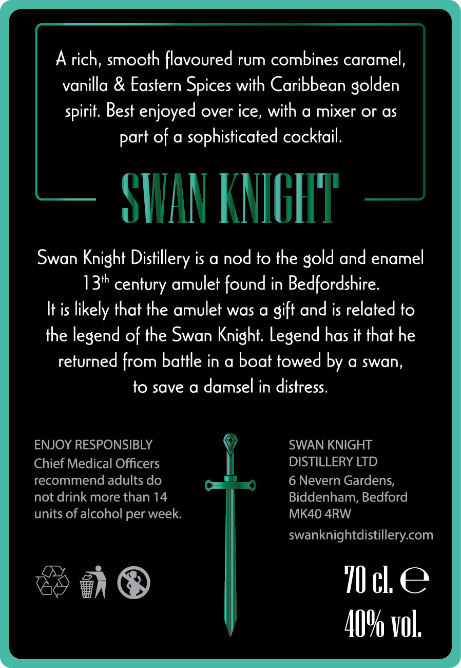 Rear Label of the Swan Knight Distillery Golden Spiced Rum 40% ABV 70cl - ideal for cocktails with rum, sipping over ice or with a mixer