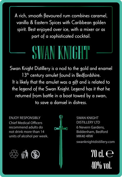 Rear Label of the Swan Knight Distillery Golden Spiced Rum 40% ABV 70cl - ideal for cocktails with rum, sipping over ice or with a mixer